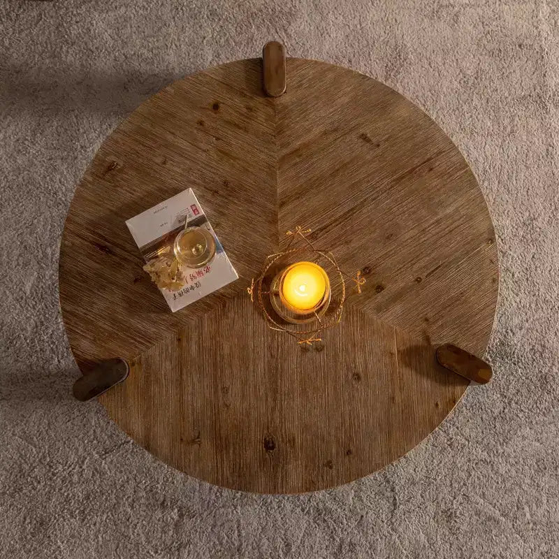 CLIHOME Wood Round Coffee Table for Living Room, Rustic Natural Coffee Table for Apartment