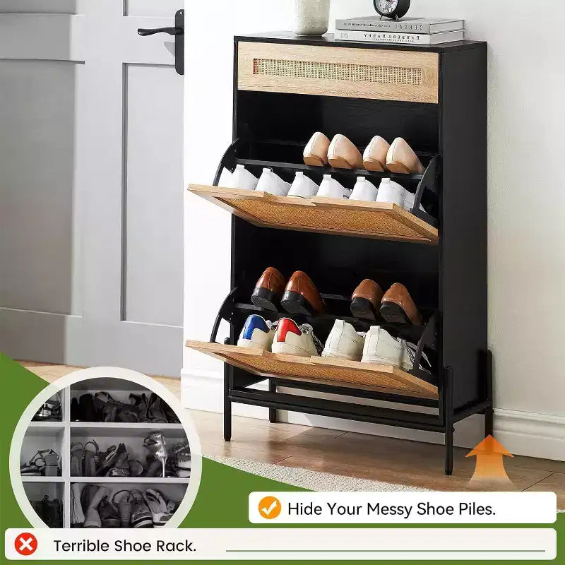 Entryway Shoe Cabinet with 2 Flip Drawers, Slim Freestanding Wooden Shoe Organizer, Space-Saving Closed Shoe Rack for Hallway, Foyer,Apartment