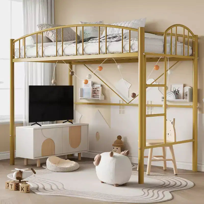 Twin Size Bed with Ladder  High-Arched Guardrail and Metal Slats, Space-Saving, Easy Assembly, Safe for Kids/AdultsGold