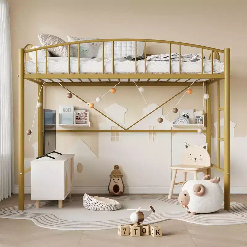 Twin Size Bed with Ladder  High-Arched Guardrail and Metal Slats, Space-Saving, Easy Assembly, Safe for Kids/AdultsGold