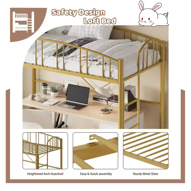 Twin Size Bed with Ladder  High-Arched Guardrail and Metal Slats, Space-Saving, Easy Assembly, Safe for Kids/AdultsGold