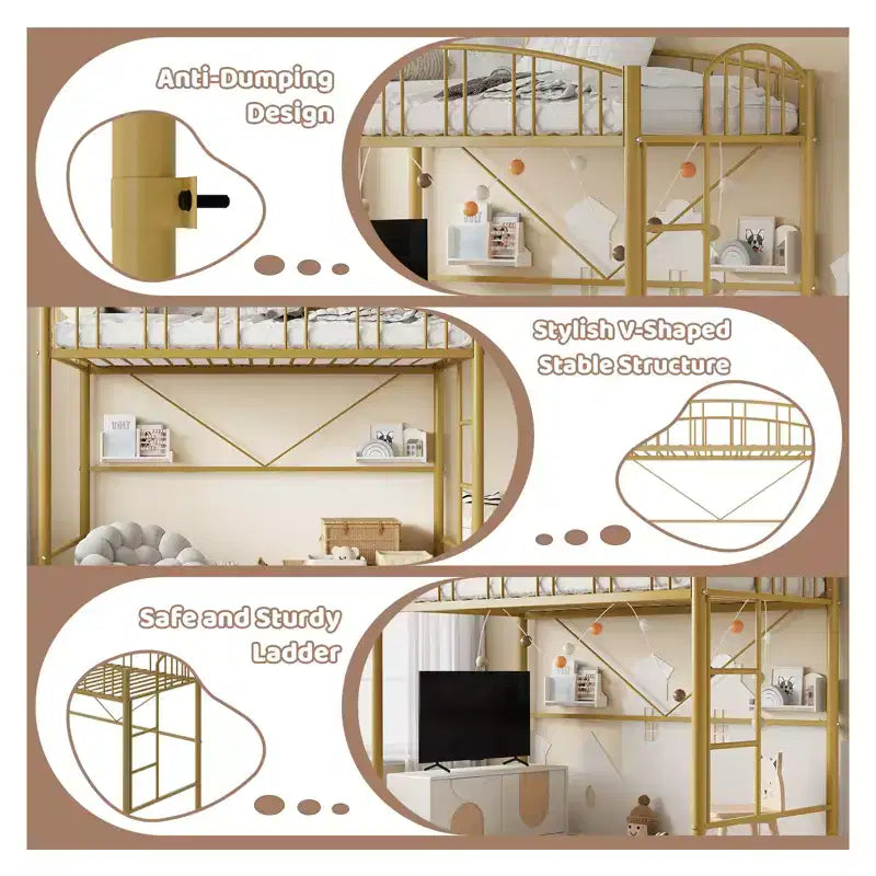 Twin Size Bed with Ladder  High-Arched Guardrail and Metal Slats, Space-Saving, Easy Assembly, Safe for Kids/AdultsGold