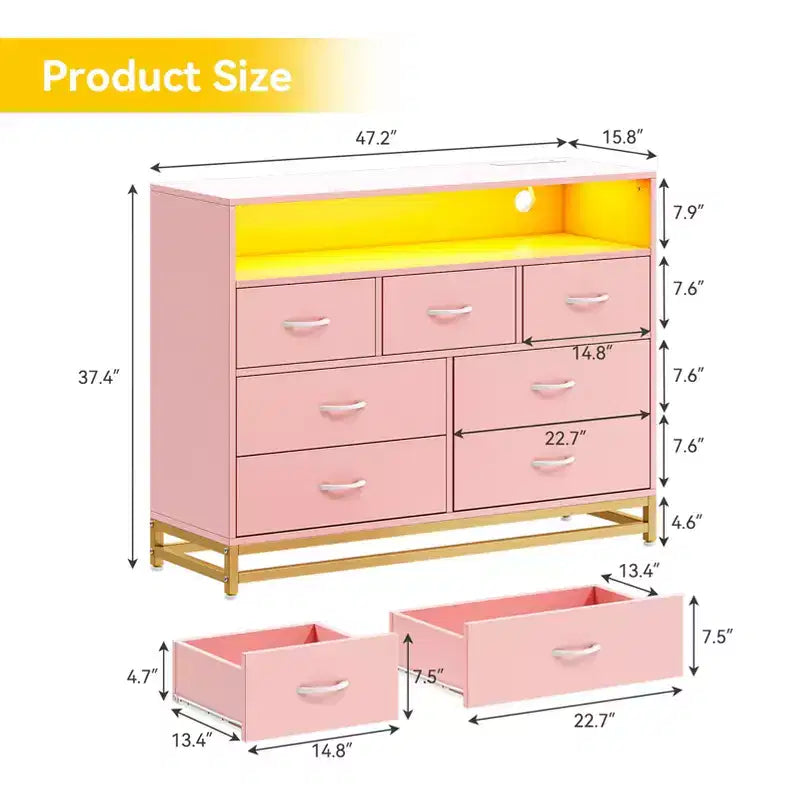 Dresser for Bedroom with LED Lights  7 Drawer Dressers with Charging Station, Wood Storage Chest for Entryway, Closet, Living Room, Hallway