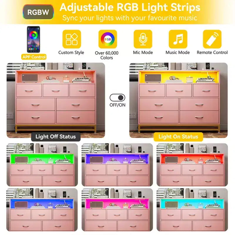 Dresser for Bedroom with LED Lights  7 Drawer Dressers with Charging Station, Wood Storage Chest for Entryway, Closet, Living Room, Hallway