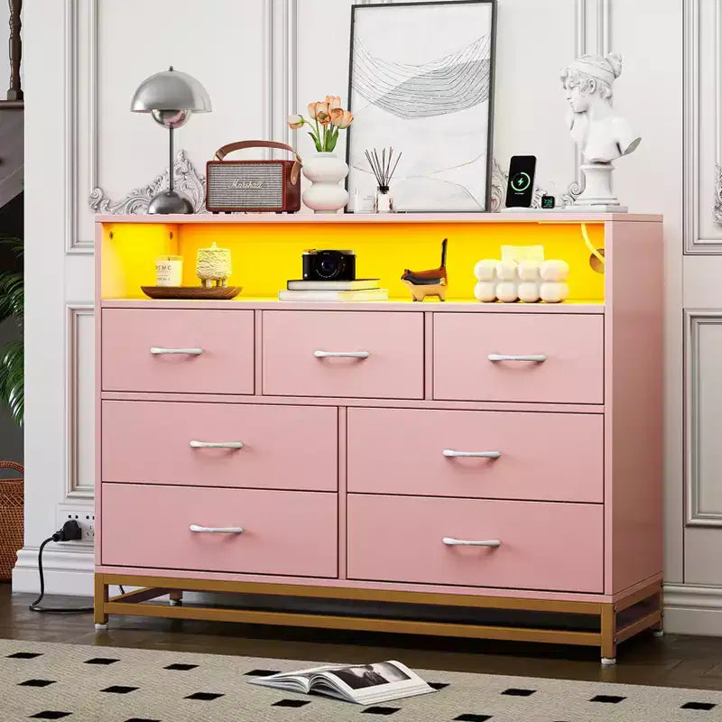 Dresser for Bedroom with LED Lights  7 Drawer Dressers with Charging Station, Wood Storage Chest for Entryway, Closet, Living Room, Hallway