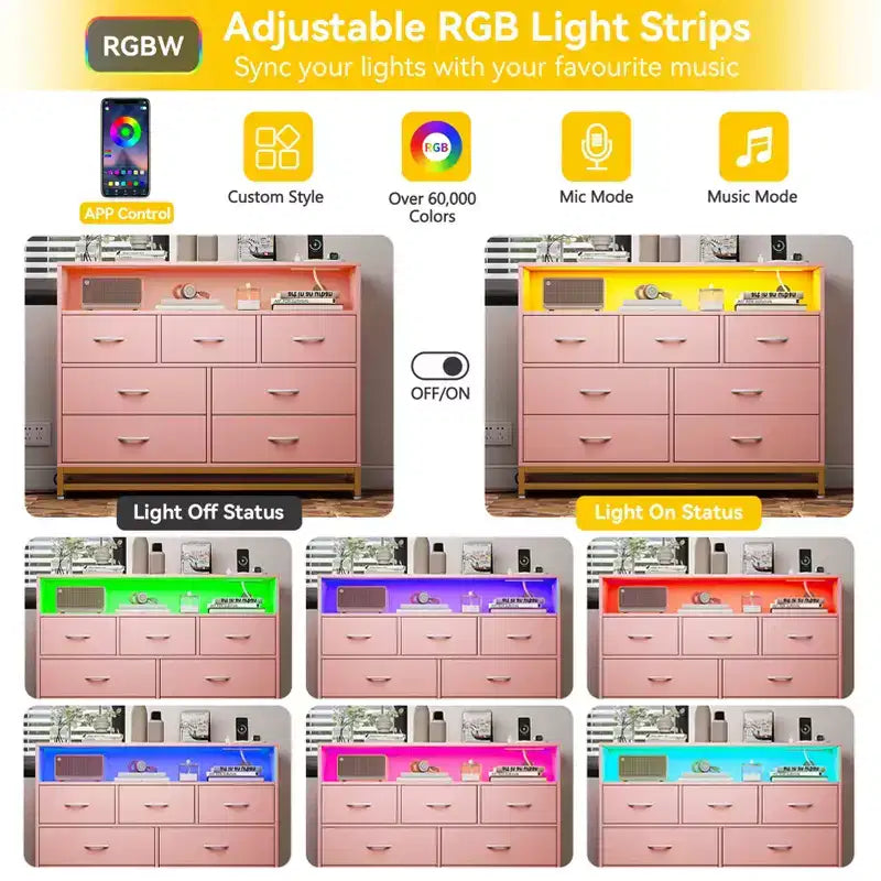 Dresser for Bedroom with LED Lights  7 Drawer Dressers with Charging Station, Wood Storage Chest for Entryway, Closet, Living Room, Hallway