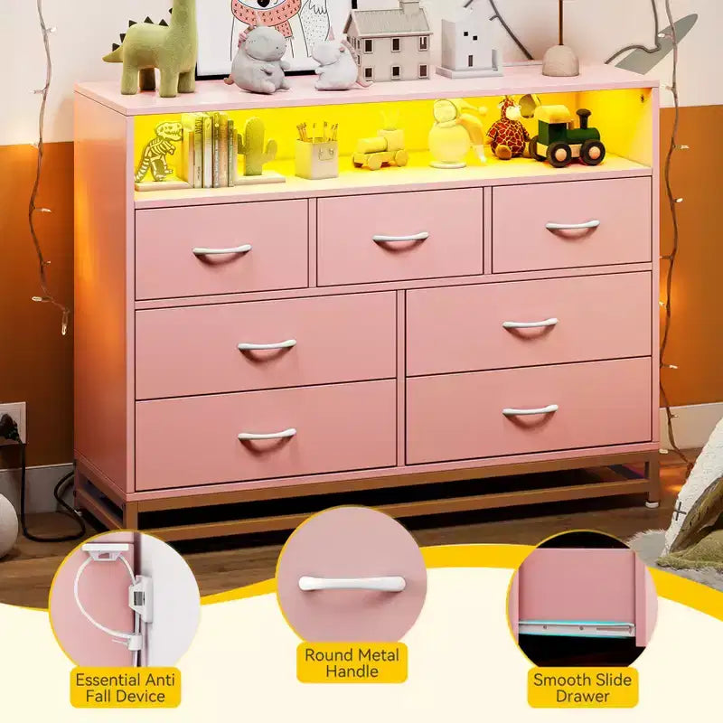 Dresser for Bedroom with LED Lights  7 Drawer Dressers with Charging Station, Wood Storage Chest for Entryway, Closet, Living Room, Hallway