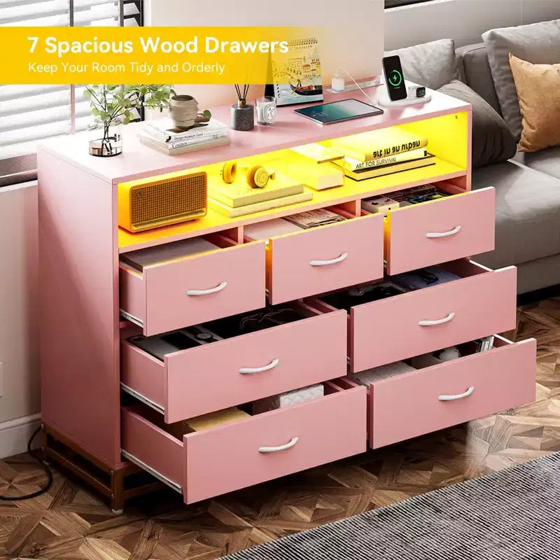 Dresser for Bedroom with LED Lights  7 Drawer Dressers with Charging Station, Wood Storage Chest for Entryway, Closet, Living Room, Hallway
