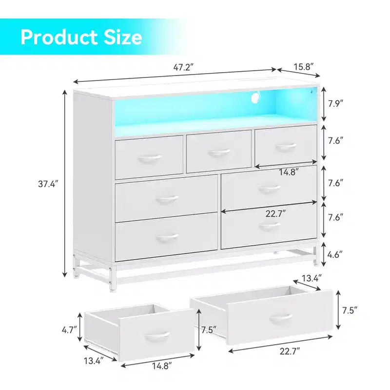 Dresser for Bedroom with LED Lights  7 Drawer Dressers with Charging Station, Wood Storage Chest for Entryway, Closet, Living Room, Hallway