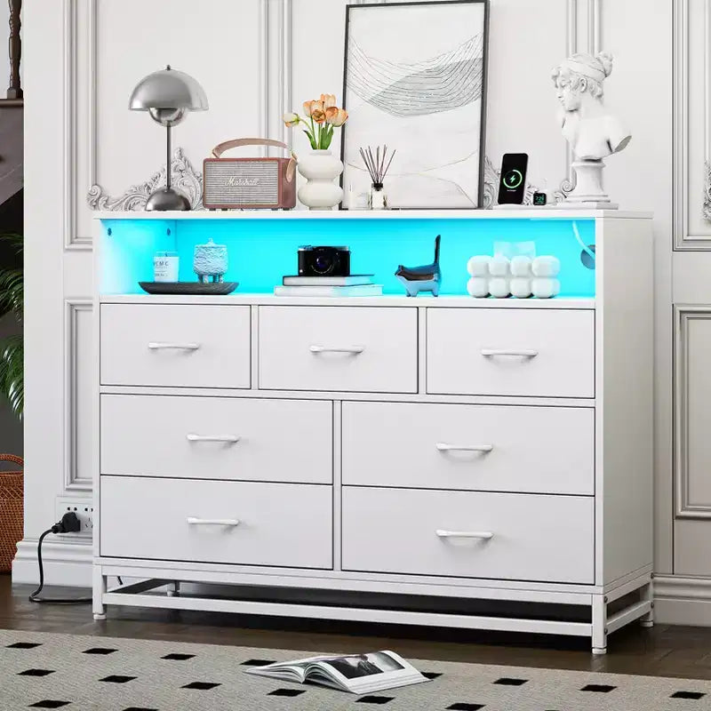 Dresser for Bedroom with LED Lights  7 Drawer Dressers with Charging Station, Wood Storage Chest for Entryway, Closet, Living Room, Hallway