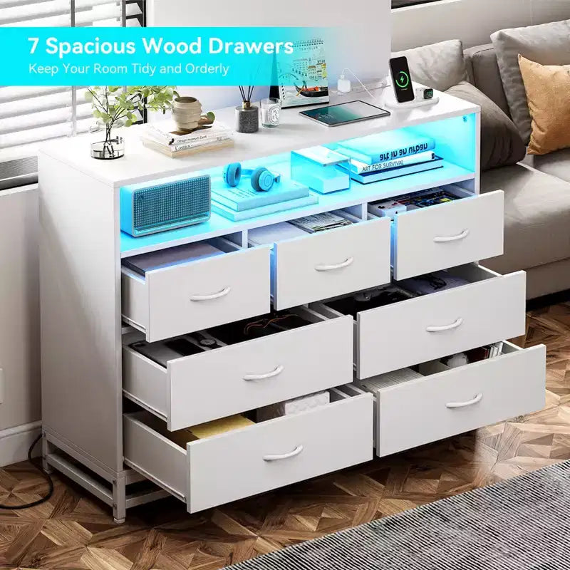 Dresser for Bedroom with LED Lights  7 Drawer Dressers with Charging Station, Wood Storage Chest for Entryway, Closet, Living Room, Hallway