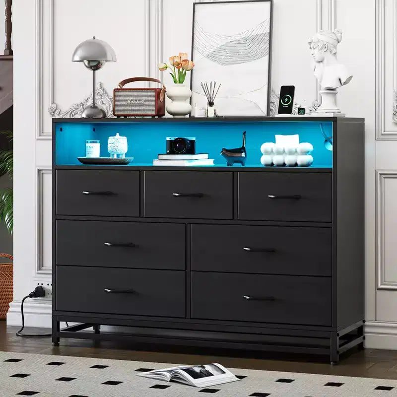 Dresser for Bedroom with LED Lights  7 Drawer Dressers with Charging Station, Wood Storage Chest for Entryway, Closet, Living Room, Hallway