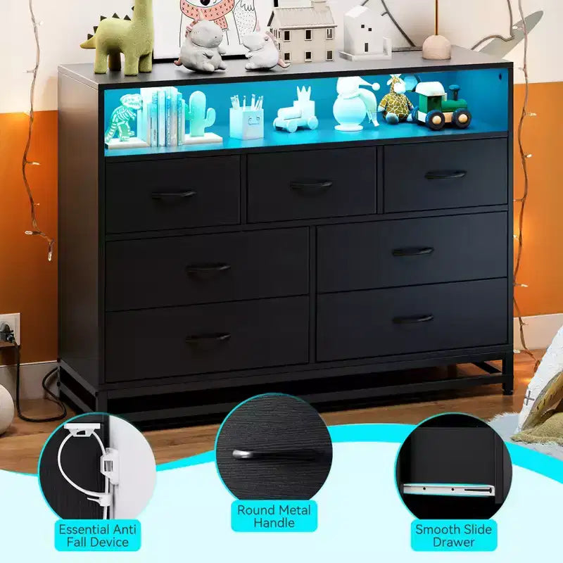 Dresser for Bedroom with LED Lights  7 Drawer Dressers with Charging Station, Wood Storage Chest for Entryway, Closet, Living Room, Hallway
