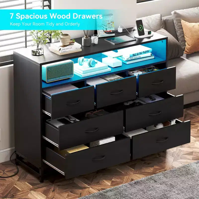 Dresser for Bedroom with LED Lights  7 Drawer Dressers with Charging Station, Wood Storage Chest for Entryway, Closet, Living Room, Hallway