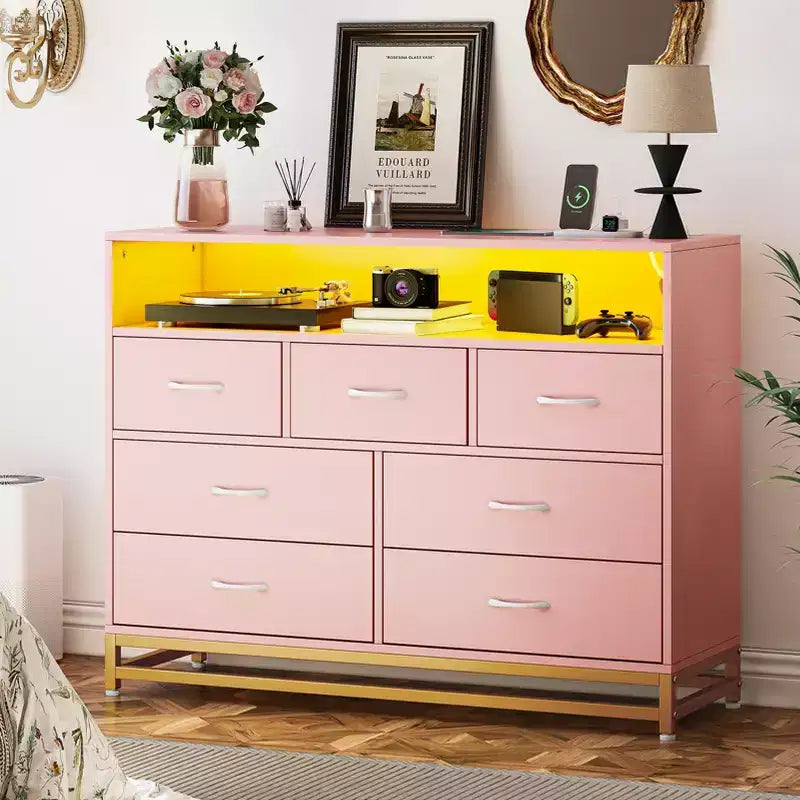 Dresser for Bedroom with LED Lights  7 Drawer Dressers with Charging Station, Wood Storage Chest for Entryway, Closet, Living Room, Hallway