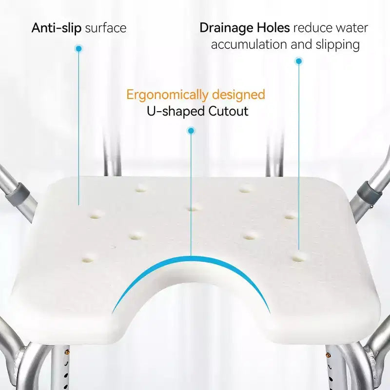 U-Shaped Shower Chair with Backrest, Adjustable Height, Shower Chair with 350 Lb Capacity for Elderly and Disabled