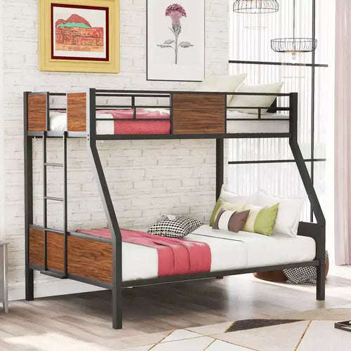Twin over Full Metal Bunk Bed with Wood Grain, Metal Bunkbeds Frame with Safety Rail for Kids Adults, Brown