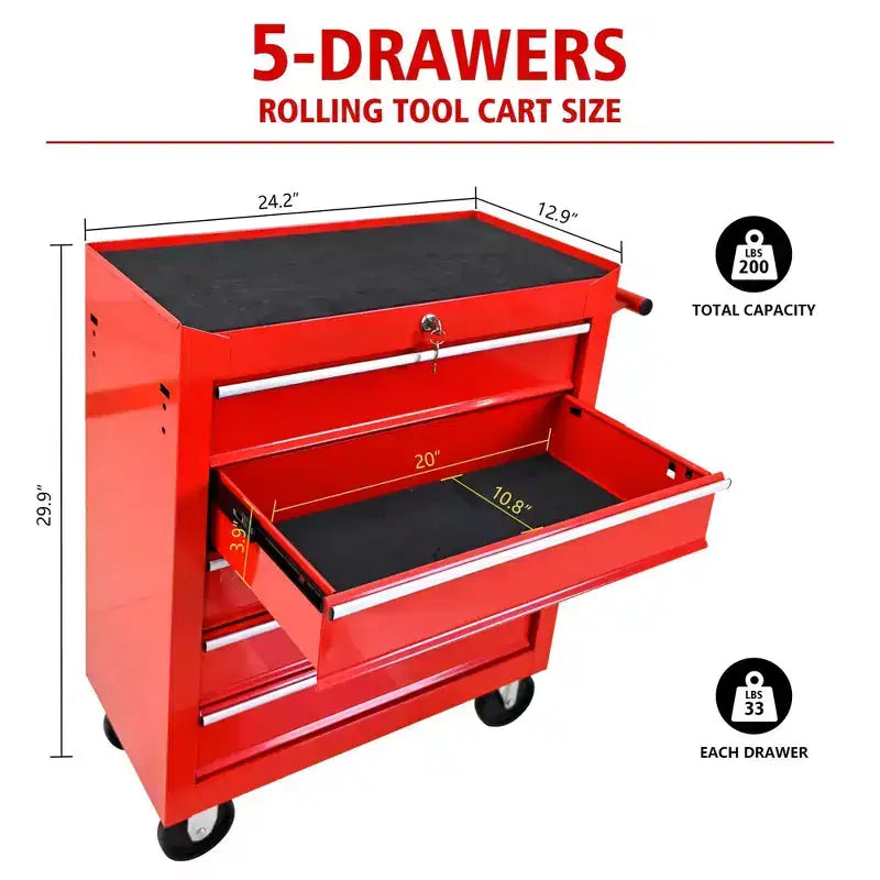 Steel Tool Storage Cabinet Organizer,5-Drawer Tool Chest with Lock, Includes Key for Secure Storage