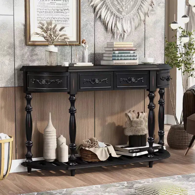 52" Vintage Curved Console Table with Carvings, 4 Drawers & 1 Shelf, Black