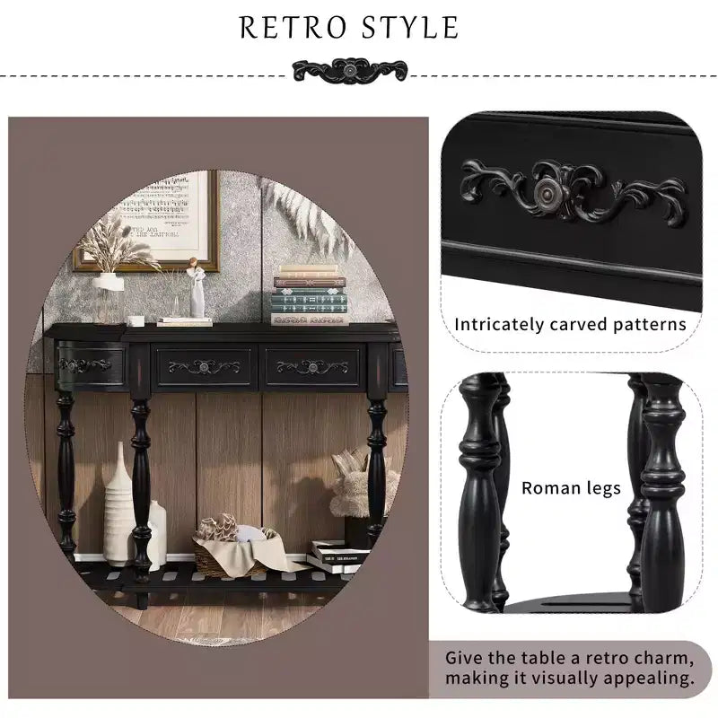 52" Vintage Curved Console Table with Carvings, 4 Drawers & 1 Shelf, Black