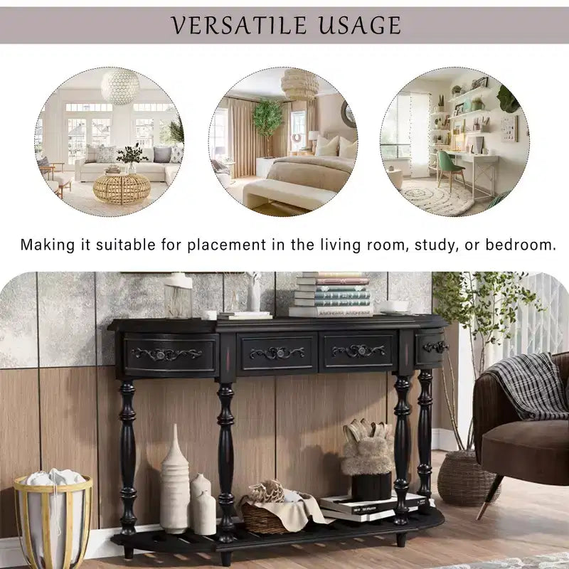 52" Vintage Curved Console Table with Carvings, 4 Drawers & 1 Shelf, Black
