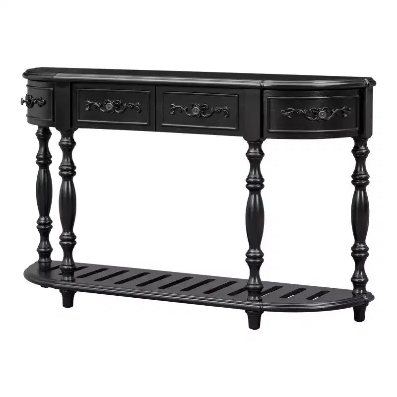 52" Vintage Curved Console Table with Carvings, 4 Drawers & 1 Shelf, Black