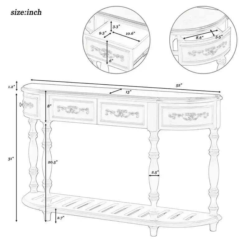 52" Vintage Curved Console Table with Carvings, 4 Drawers & 1 Shelf, Black