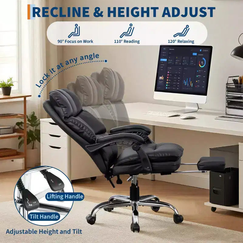 High-Back PU Leather Executive Office Chair with Footrest, 360° Swivel & Ergonomic Support