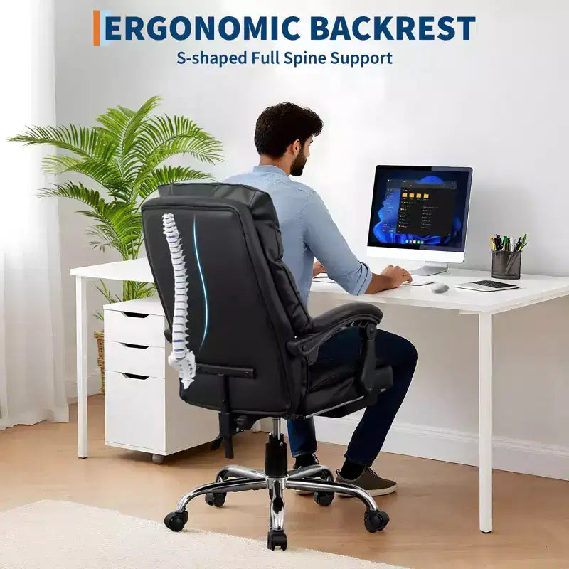 High-Back PU Leather Executive Office Chair with Footrest, 360° Swivel & Ergonomic Support
