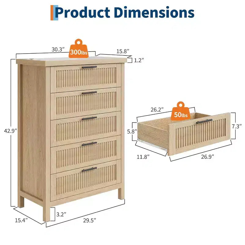 5-Drawer Dresser, Modern Wooden Bedroom Chest of Drawers With Handles and Storage Drawers, Farmhouse Style TV Stand for Living Room, Bedroom, Hallway