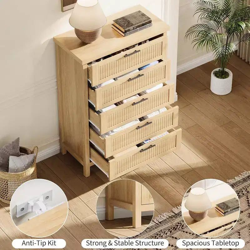 5-Drawer Dresser, Modern Wooden Bedroom Chest of Drawers With Handles and Storage Drawers, Farmhouse Style TV Stand for Living Room, Bedroom, Hallway