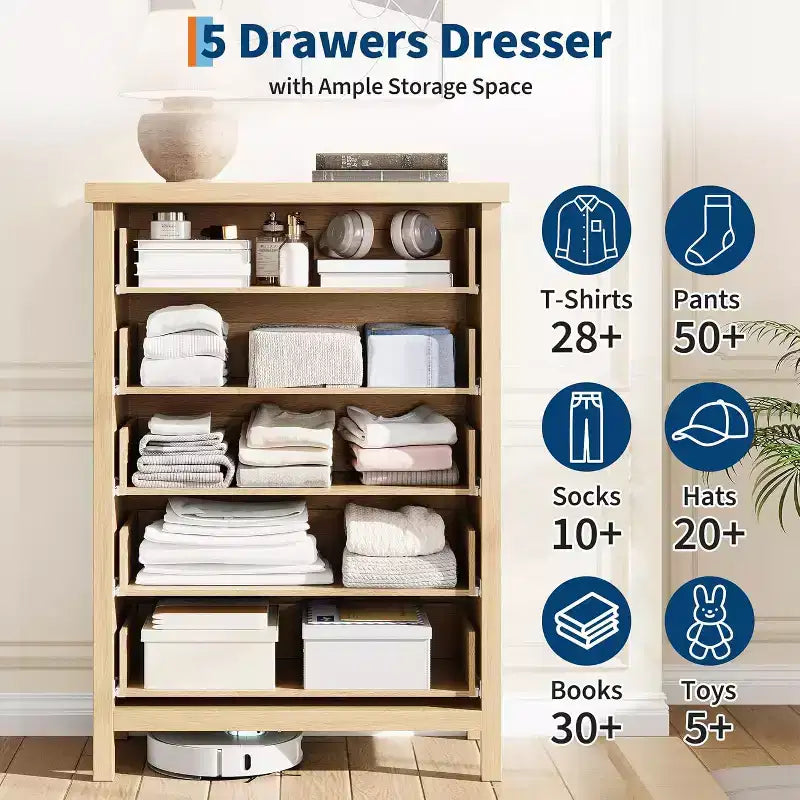 5-Drawer Dresser, Modern Wooden Bedroom Chest of Drawers With Handles and Storage Drawers, Farmhouse Style TV Stand for Living Room, Bedroom, Hallway