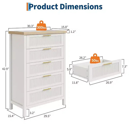 5-Drawer Dresser, Modern Wooden Bedroom Chest of Drawers With Handles and Storage Drawers, Farmhouse Style TV Stand for Living Room, Bedroom, Hallway