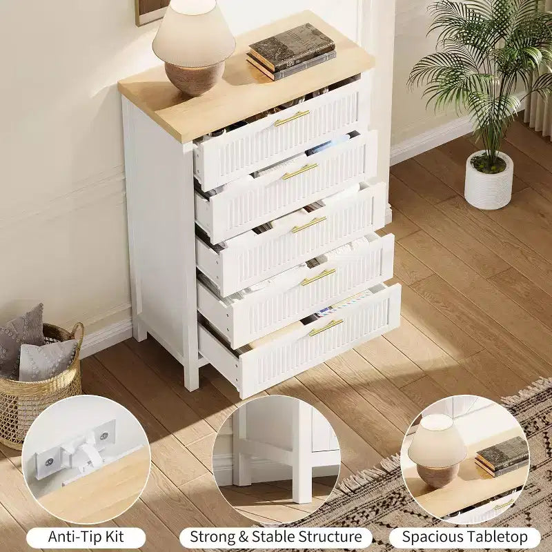 5-Drawer Dresser, Modern Wooden Bedroom Chest of Drawers With Handles and Storage Drawers, Farmhouse Style TV Stand for Living Room, Bedroom, Hallway