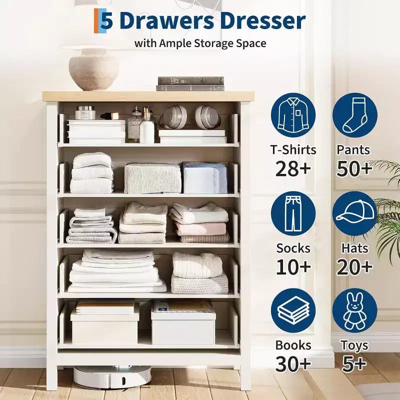 5-Drawer Dresser, Modern Wooden Bedroom Chest of Drawers With Handles and Storage Drawers, Farmhouse Style TV Stand for Living Room, Bedroom, Hallway