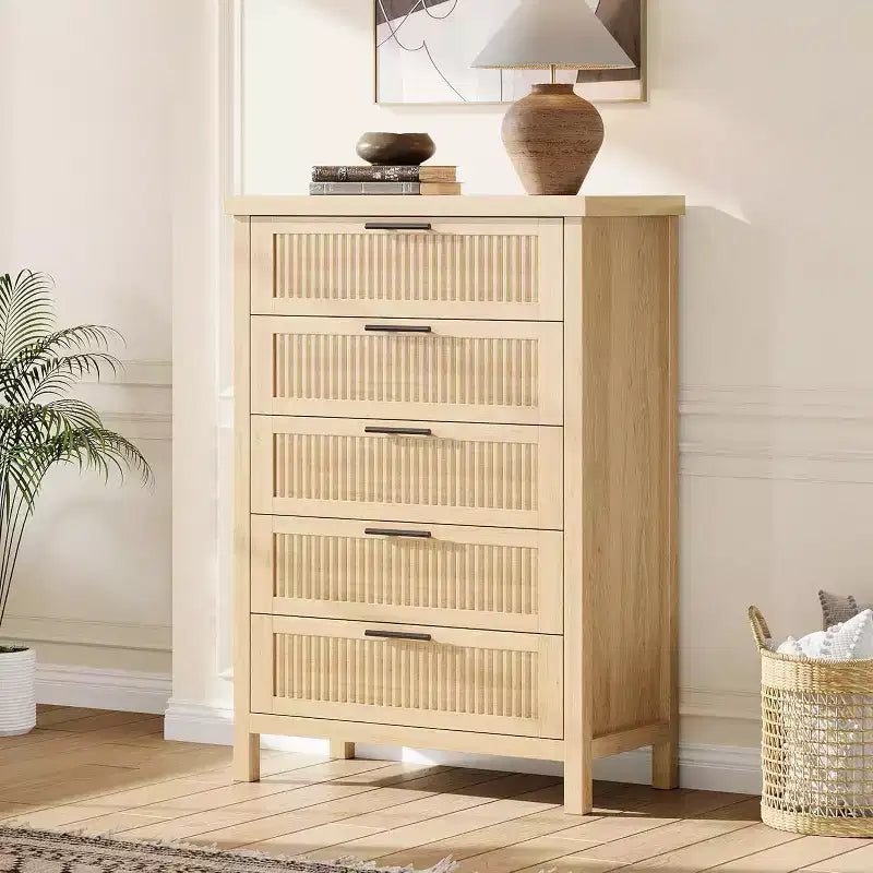 5-Drawer Dresser, Modern Wooden Bedroom Chest of Drawers With Handles and Storage Drawers, Farmhouse Style TV Stand for Living Room, Bedroom, Hallway