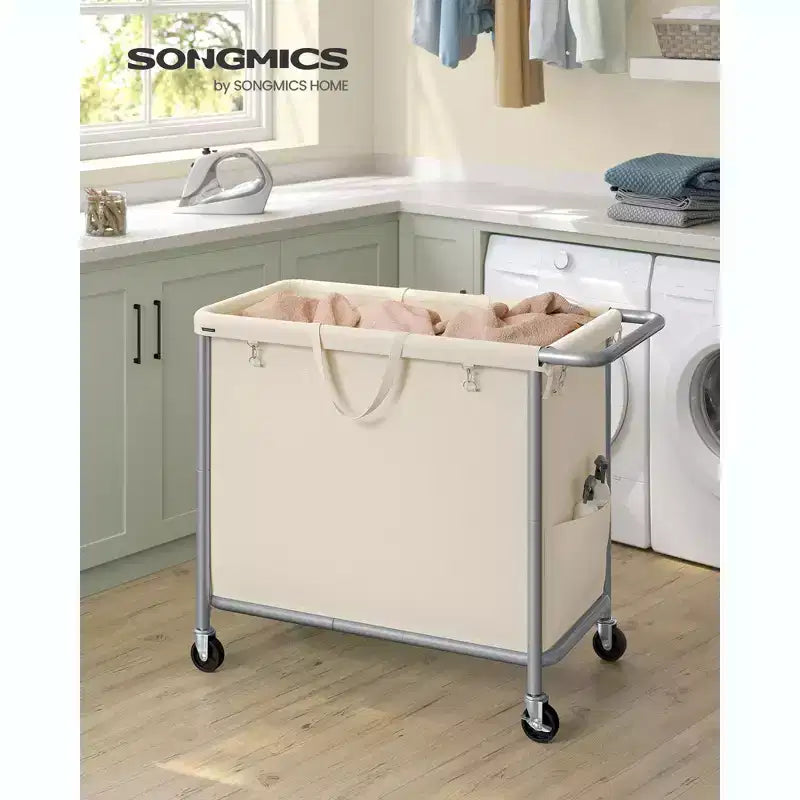 Rolling Laundry Hamper with Removable Liner, 47.5 Gallon Wheeled Basket with Brakes and Steel Frame, Cream White