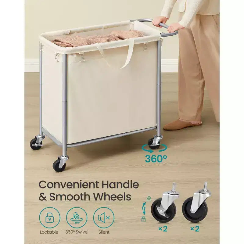 Rolling Laundry Hamper with Removable Liner, 47.5 Gallon Wheeled Basket with Brakes and Steel Frame, Cream White