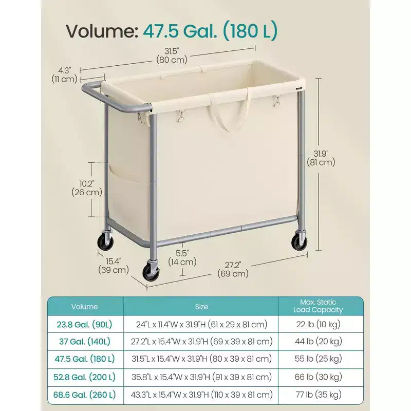 Rolling Laundry Hamper with Removable Liner, 47.5 Gallon Wheeled Basket with Brakes and Steel Frame, Cream White