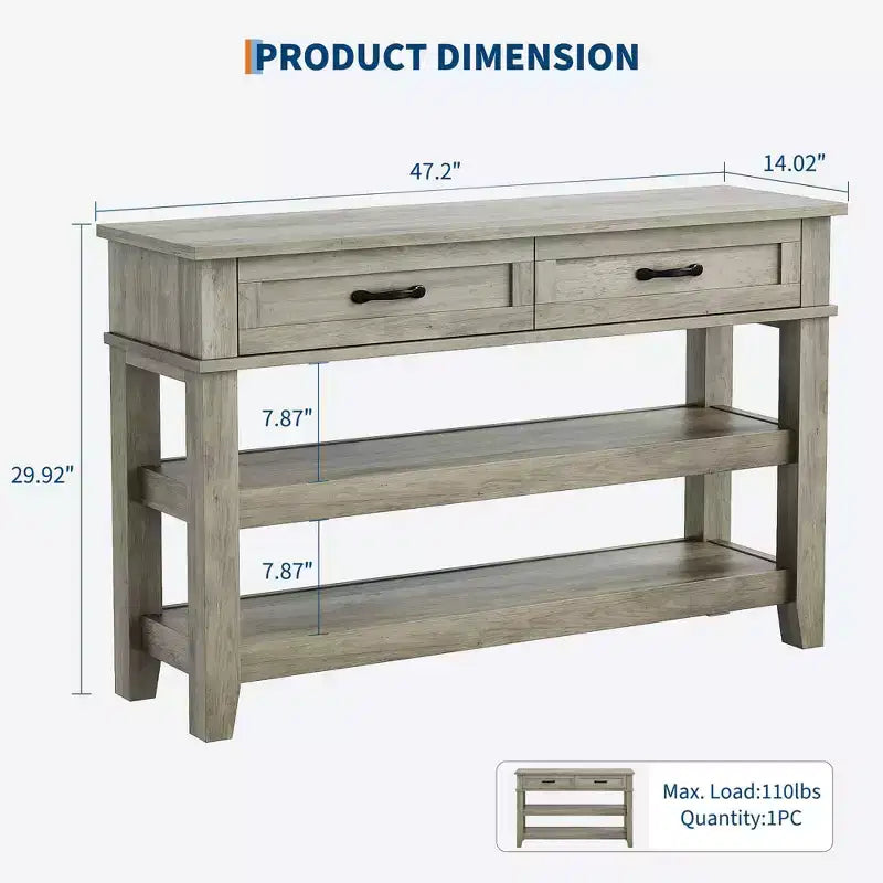 Console Sofa Table with 2 Drawers, 3-Tier Narrow Entry Table with Storage Shelves for Living Room Behind Couch, Entryway, Hallway