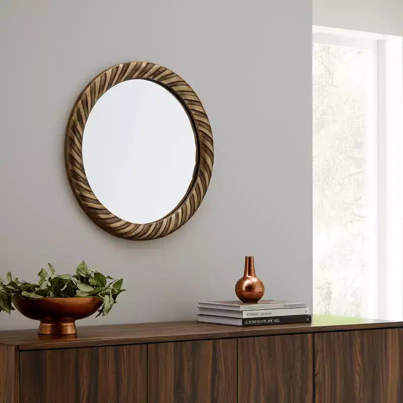 Modern Round Wall Mirror with Textured Metal Frame - Decorative Accent for Home, Office, Bedroom, or Living Room - 29 Bronze & Copper