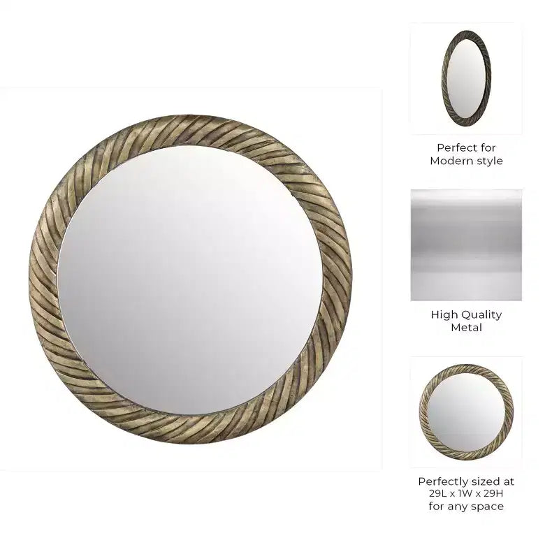 Modern Round Wall Mirror with Textured Metal Frame - Decorative Accent for Home, Office, Bedroom, or Living Room - 29 Bronze & Copper