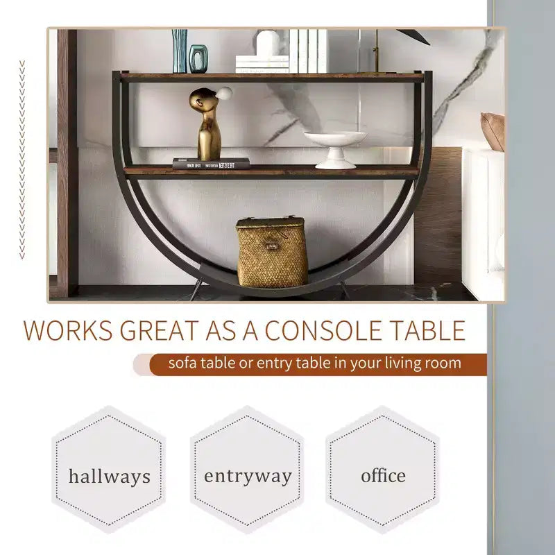 Industrial Demilune Console Table  3-Tier Open Shelf Sofa Table (for Entryway/Living Room/Office)