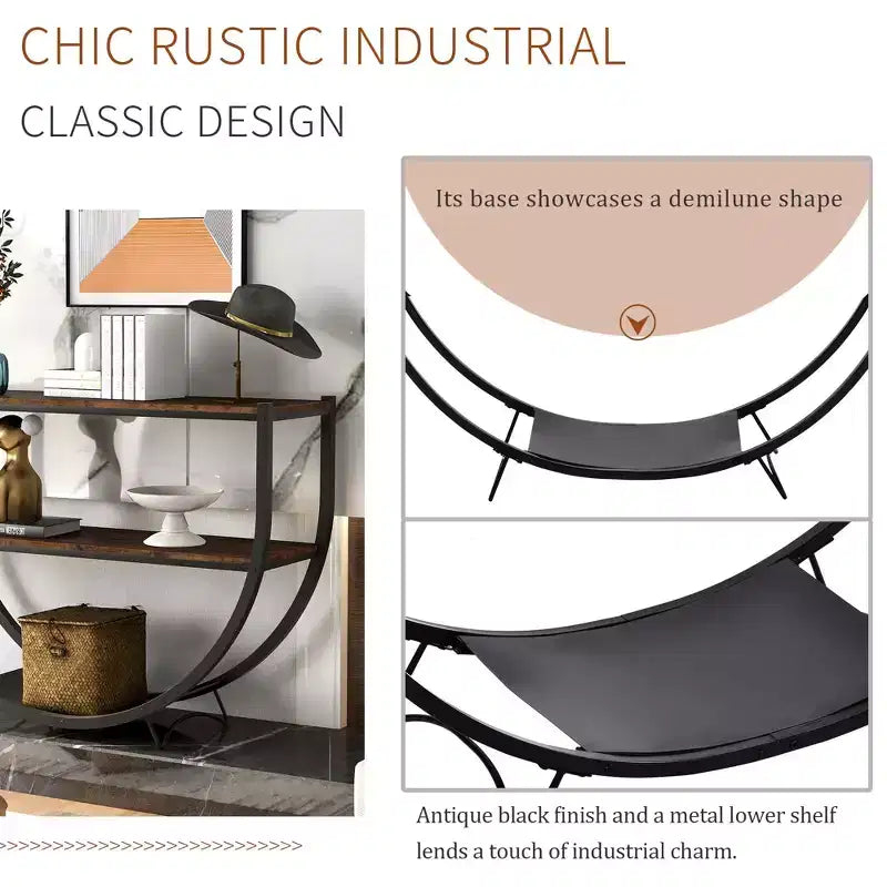 Industrial Demilune Console Table  3-Tier Open Shelf Sofa Table (for Entryway/Living Room/Office)