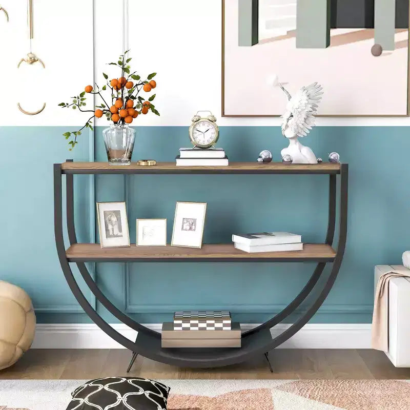 Industrial Demilune Console Table  3-Tier Open Shelf Sofa Table (for Entryway/Living Room/Office)