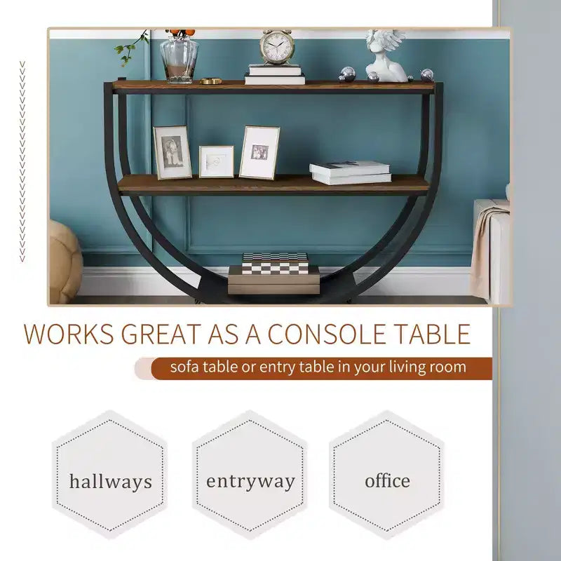 Industrial Demilune Console Table  3-Tier Open Shelf Sofa Table (for Entryway/Living Room/Office)