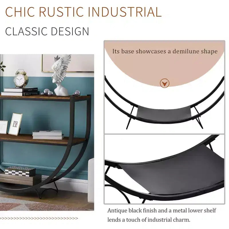 Industrial Demilune Console Table  3-Tier Open Shelf Sofa Table (for Entryway/Living Room/Office)