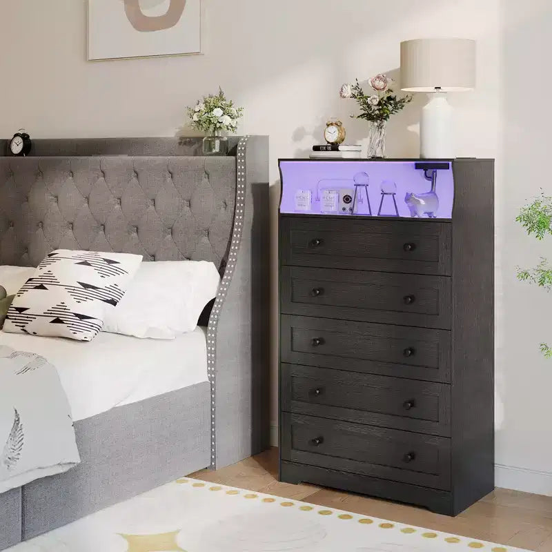 COZONY 5-Drawer Tall Dresser with Display Shelf, Modern Wood Storage Cabinet for Bedroom Closet Living Room Hallway