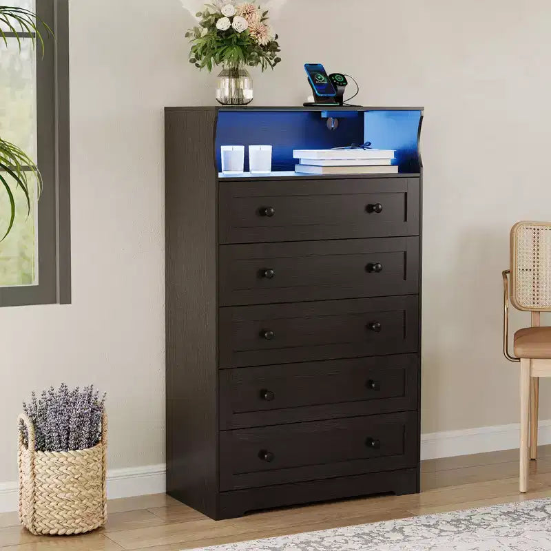COZONY 5-Drawer Tall Dresser with Display Shelf, Modern Wood Storage Cabinet for Bedroom Closet Living Room Hallway