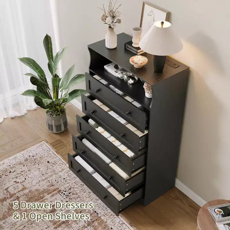 COZONY 5-Drawer Tall Dresser with Display Shelf, Modern Wood Storage Cabinet for Bedroom Closet Living Room Hallway